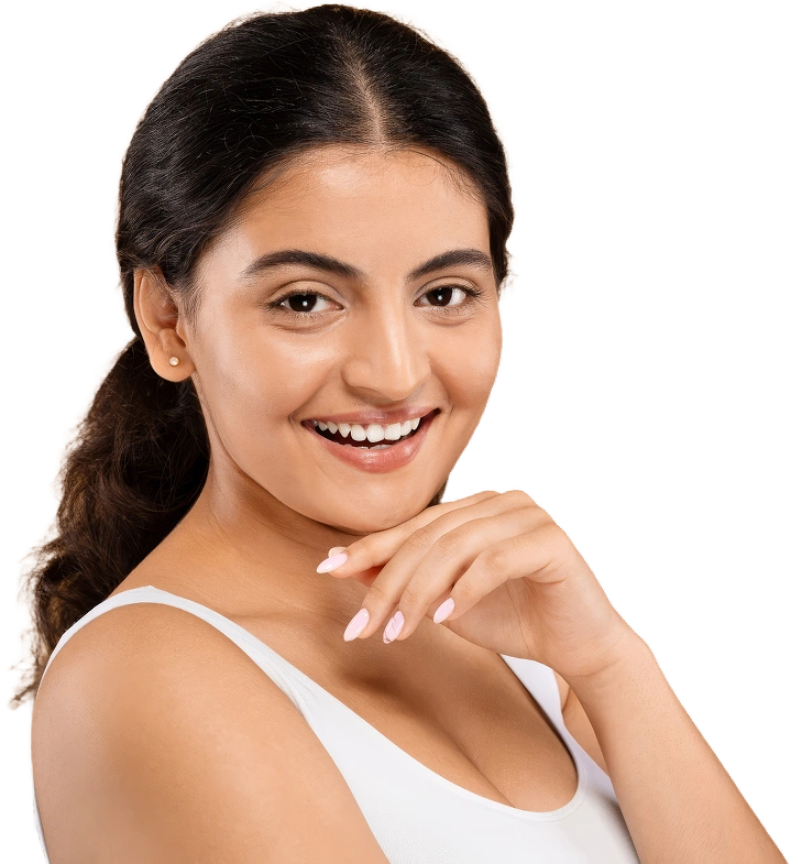 Woman showcasing a beauty and skincare promotional banner